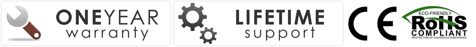 1 year warranty, lifetime support, CE and RoHS icons