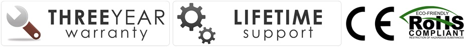 3 year warranty, lifetime support, CE and RoHS icons