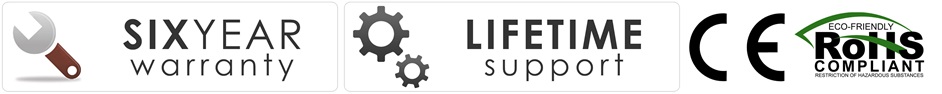 6 year warranty, lifetime support, CE and RoHS icons