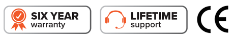 6 year warranty, lifetime support, CE and RoHS icons
